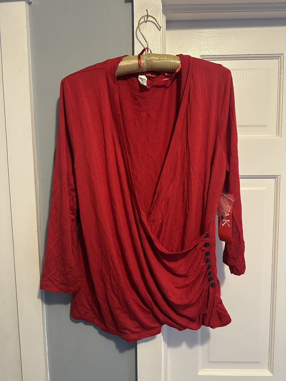 Anne Klein Red Draped Long Sleeve Blouse with Side Button Accents NWT